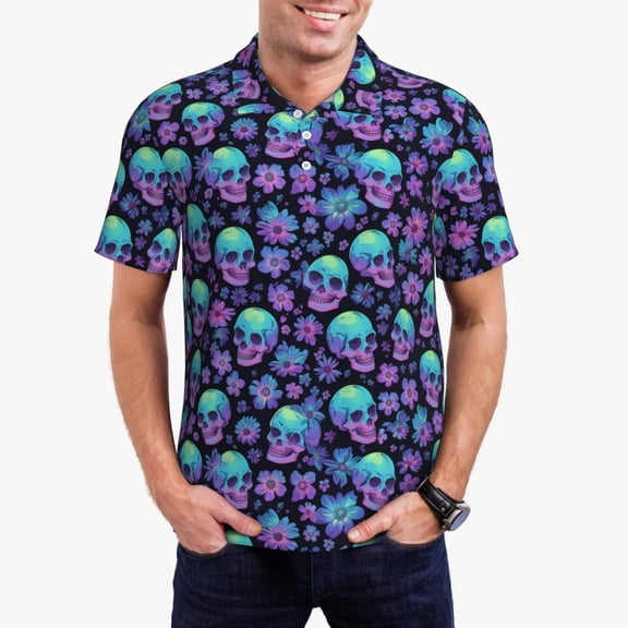 Rateoe Skull daisy Gradient Pattern Men's Short Sleeve Polo Shirts, Golf Polo Shirts Short Sleeve Performance Moisture Wicking Dry-4X-Large