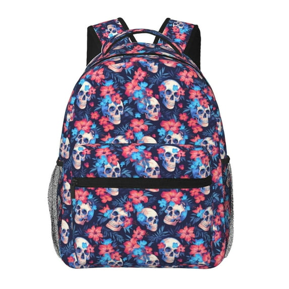 Rateoe Skull flower blue Pattern Casual Backpack for School, Work, Travel – Adjustable Straps, Multiple Compartments – Ergonomic Design, Fits Laptops and Tablets