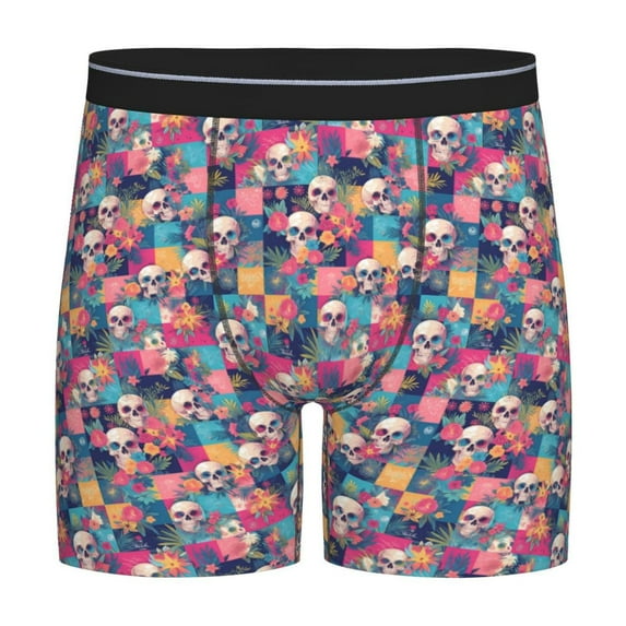 Rateoe Skull flower leaf Plaid Print Men’s Underwear Boxer Briefs Soft Comfortable Underwear Boxer Briefs, Long Leg Briefs,Anti-chafing Boxer Briefs