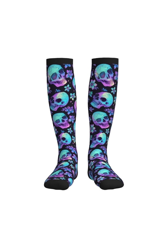 Skull flower tie dye Compression Socks for Women and Men 20-30mmHg-Circulation Support Socks Knee High Nurse Pregnant Running Medical and Travel Athletic