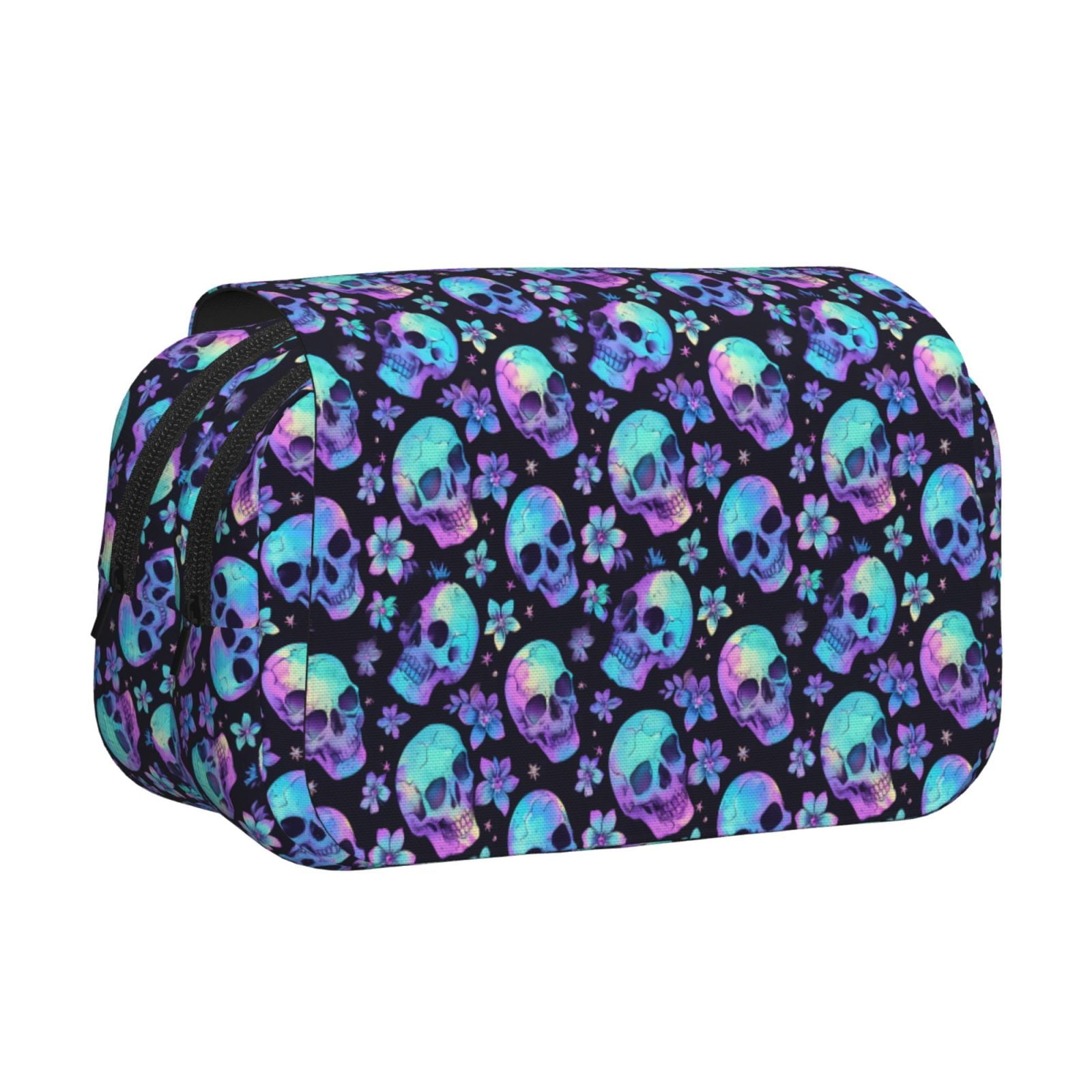Rateoe Skull flower tie dye Pattern Double Clamshell Pen Case, Storage Organizer with Two Zipper Compartments– Holds Up to 50 Pencils & Pens