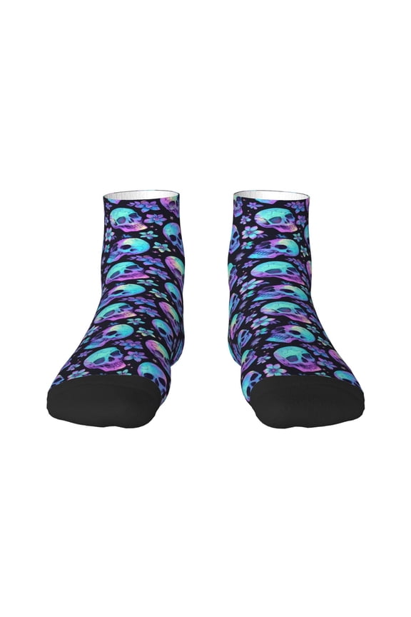Skull flower tie dye Pattern Quarter Crew Socks,Toe Seamed Ankle Socks,Cotton Cushioned Breathable Athletic Crew Sports Socks