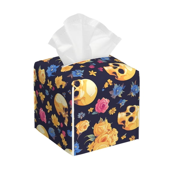 Rateoe Skull gold flower Pattern Tissue Box Cover, Modern Square Decorative Leather Facial Paper Case Organizer Holder Dispenser 5X5X5''