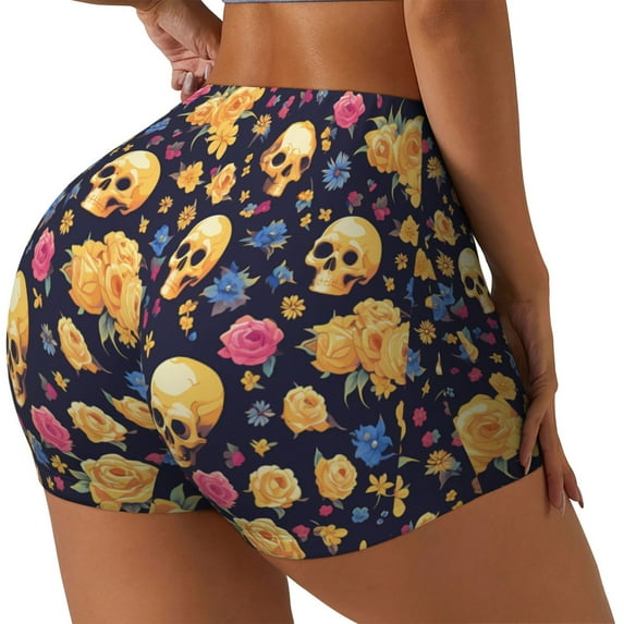 Rateoe Skull gold flower Printed Power Workout Shorts for Women Tummy Control Squat Proof Ribbed Thick Seamless Scrunch Active Short-Medium