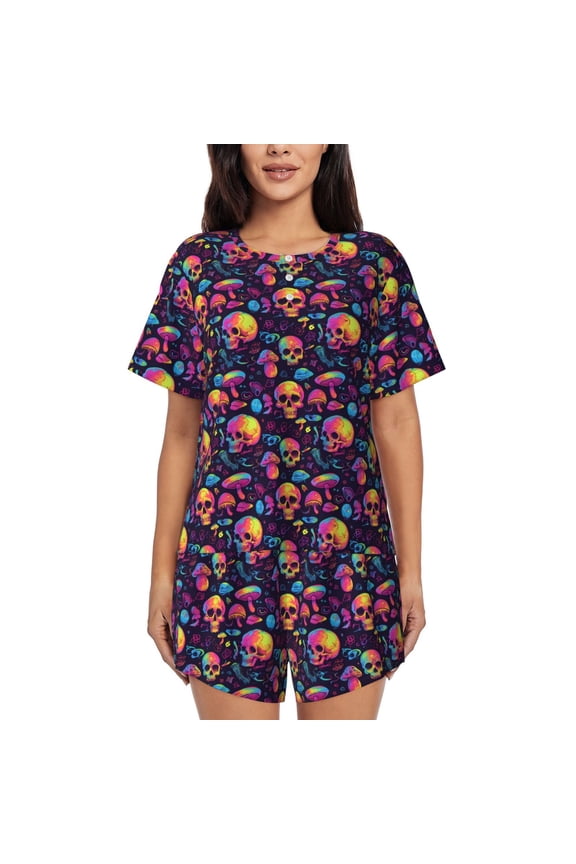Skull mushroom Pattern Women's Short-Sleeved Pajama Set - 2 Piece Soft and Lightweight Sleepwear Set-4X-Large