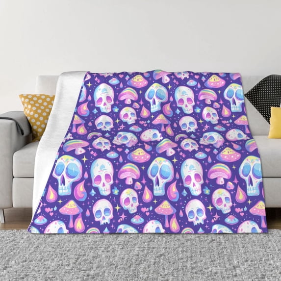 Rateoe Skull mushroom colorful Pattern Flannel Throw Blanket, Ultra-soft Blanket for Bed, Couch, Car, Hypoallergenic Anti-pilling blanket-50"x40"(Horizontal)