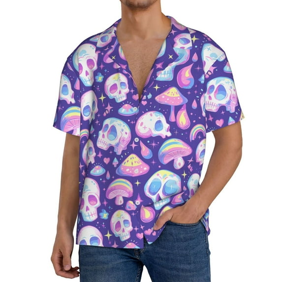 Rateoe Skull mushroom colorful Pattern Men's Short Sleeve Classic Shirt, Casual Short-Sleeved Shirt, Lightweight Summer Shirt, Cuban Collar Shirt,Button-Front Shirt-4X-Large