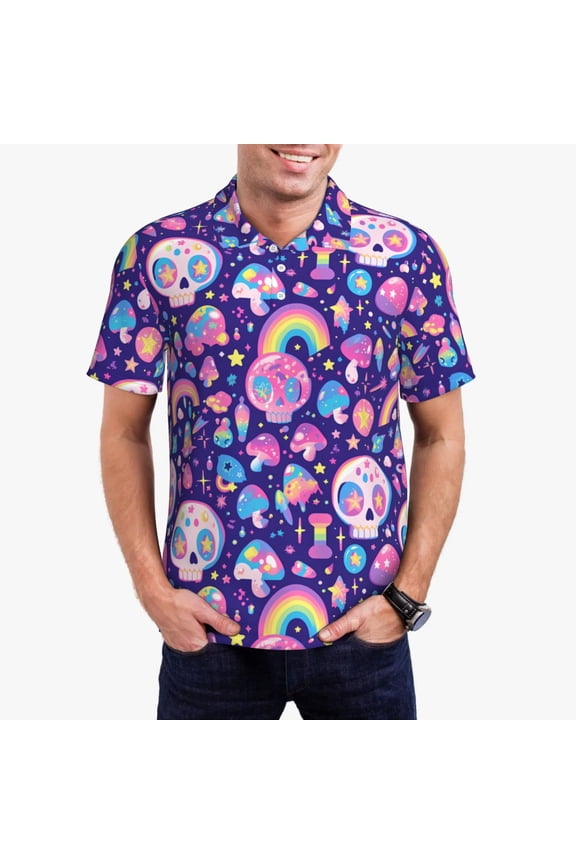 Skull mushroom rainbow Pattern Men's Short Sleeve Polo Shirts, Golf Polo Shirts Short Sleeve Performance Moisture Wicking Dry-Medium