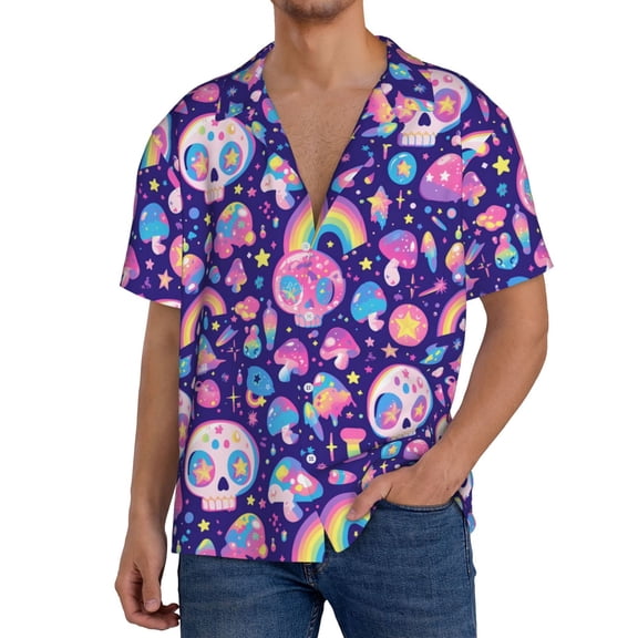 Rateoe Skull mushroom rainbow Print Mens Front Pocket Hawaiian Shirts Casual Shirts Short Sleeve Button Down Beach Tropical Shirts-4X-Large