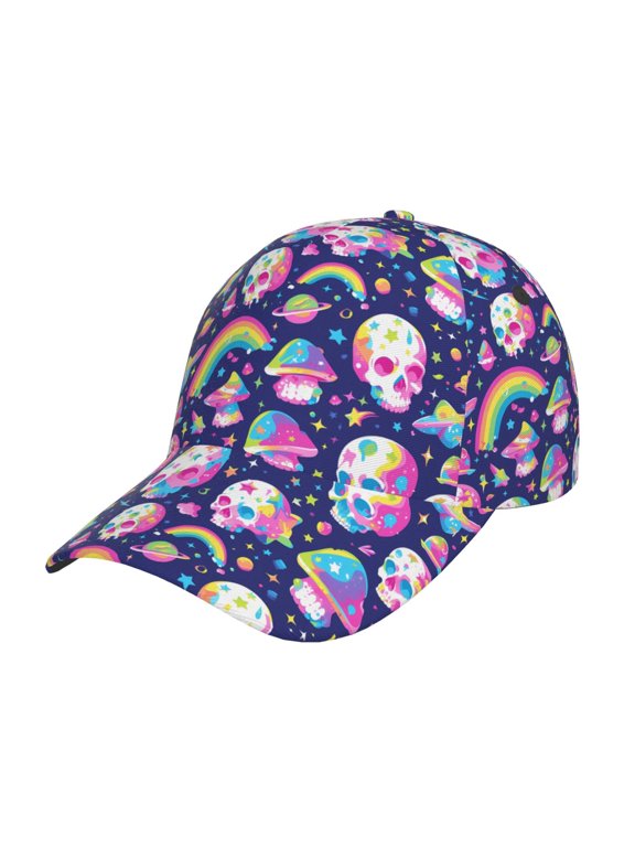 Skull mushroom rainbow space Pattern Mens Baseball Cap Adjustable Curved Brim Hat, Soft Cotton Sports Cap for Outdoor, Casual, and Everyday Wear, Comfortable & Breathable