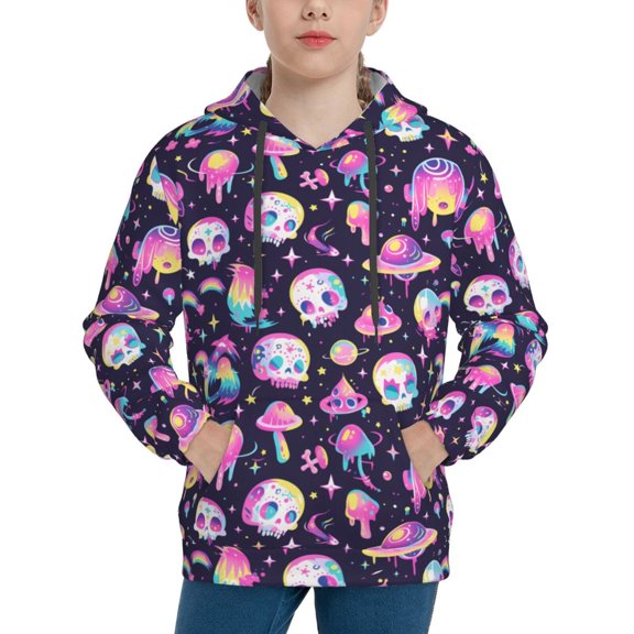 Rateoe Skull mushroom space Pattern Boys Hoodie, Youth Pullover Hooded Sweatshirt, Kangaroo Pocket Hoodie for Kids-Medium