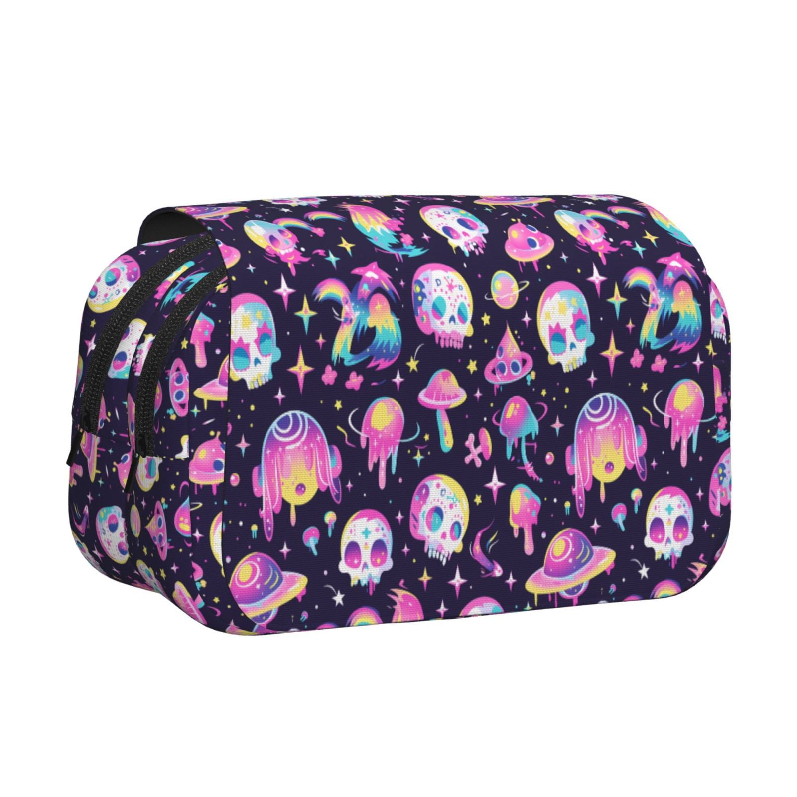 Rateoe Skull mushroom space Pattern Double Clamshell Pen Case, Storage Organizer with Two Zipper Compartments– Holds Up to 50 Pencils & Pens
