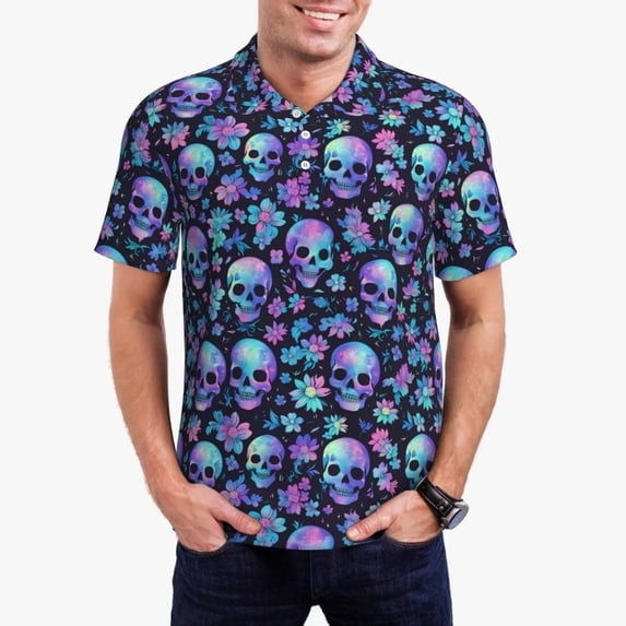 Rateoe Skull purple flower Pattern Men's Short Sleeve Polo Shirts, Golf Polo Shirts Short Sleeve Performance Moisture Wicking Dry-3X-Large