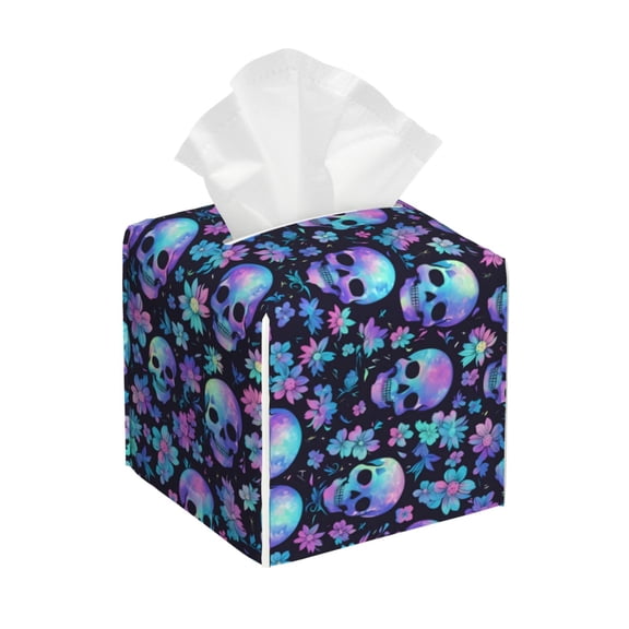 Rateoe Skull purple flower Pattern Tissue Box Cover, Modern Square Decorative Leather Facial Paper Case Organizer Holder Dispenser 5X5X5''
