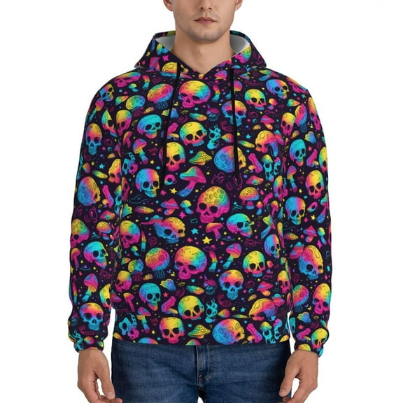 Rateoe Skull rainbow color mushroom Pattern Mens Hoodie, Pullover Hooded Sweatshirt, Kangaroo Pocket Hoodie Ideal for Daily Wear, Travel and Home-X-Large