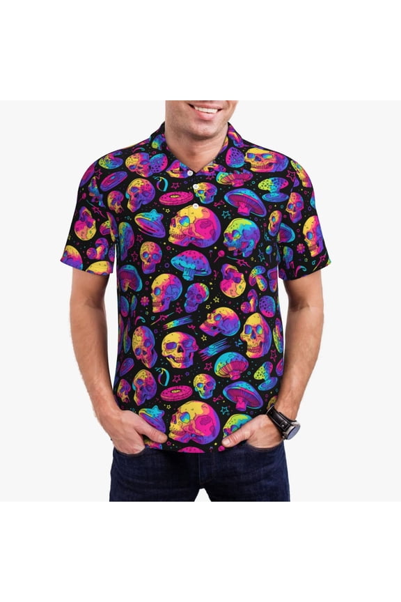 Skull rainbow star mushroom Pattern Men's Short Sleeve Polo Shirts, Golf Polo Shirts Short Sleeve Performance Moisture Wicking Dry-Medium