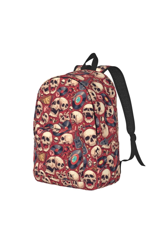 Skull record Guitar music Pattern Durable Canvas Backpack for Men & Women – Stylish & Lightweight – Adjustable Straps, Multiple Pockets – Fits 15-17 Inch LaptopsMedium
