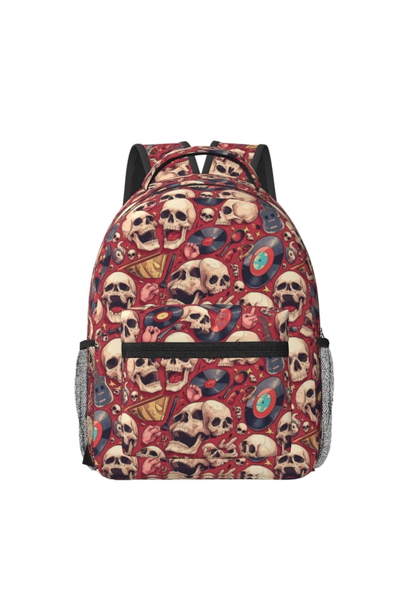 Skull record Guitar music Pattern Durable Student Backpack Laptop Bag- Ergonomic Design, Waterproof Twill Fabric - Ideal for School, Travel, and Outdoor Activities