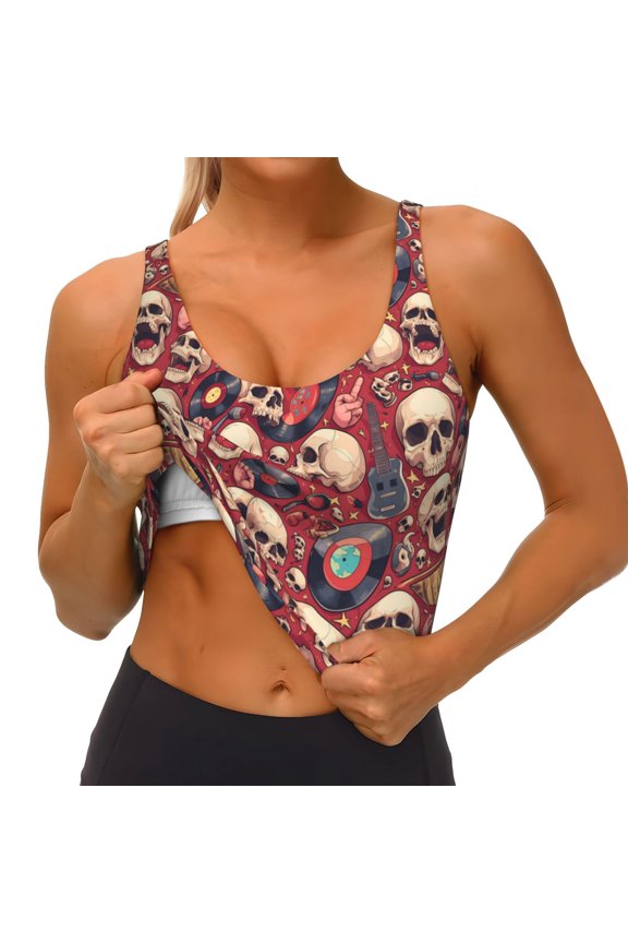 Skull record Guitar music Print Womens' Sports Bras Scoop Neck Sports Vest- Padded U Back Seamless High Impact Support