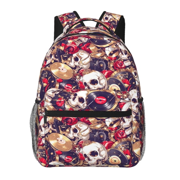 Rateoe Skull record artist Pattern Casual Backpack for School, Work, Travel – Adjustable Straps, Multiple Compartments – Ergonomic Design, Fits Laptops and Tablets