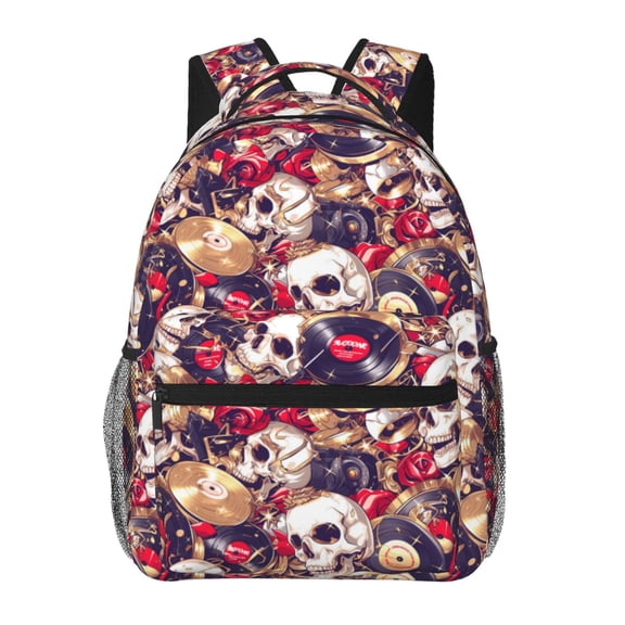 Rateoe Skull record artist Pattern Casual Backpack for School, Work, Travel Adjustable Straps, Multiple Compartments Ergonomic Design, Fits Laptops and Tablets