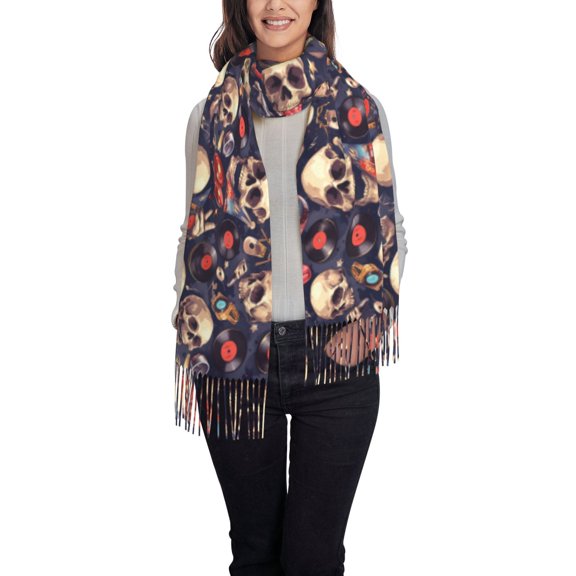 Rateoe Skull record rock Women's Traditional Scarf Wrap Tassel Shawl Fringes Neck Head Shawl Retro Scarf