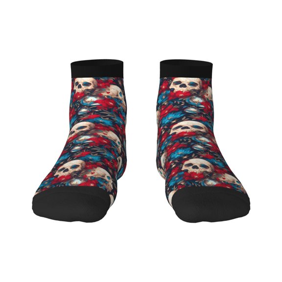 Rateoe Skull red flower blue Pattern Quarter Crew Socks,Toe Seamed Ankle Socks,Cotton Cushioned Breathable Athletic Crew Sports Socks