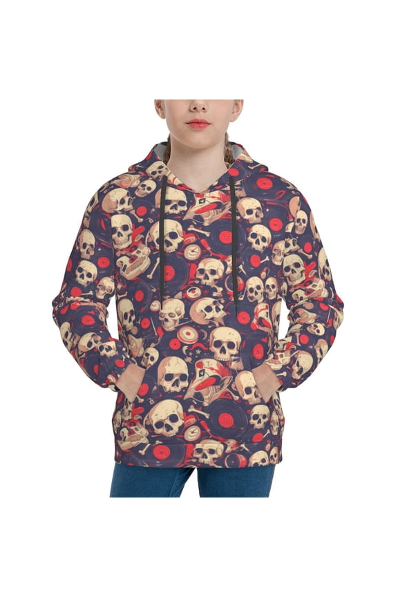 Skull rock music record Pattern Boys Hoodie, Youth Pullover Hooded Sweatshirt, Kangaroo Pocket Hoodie for Kids-Medium