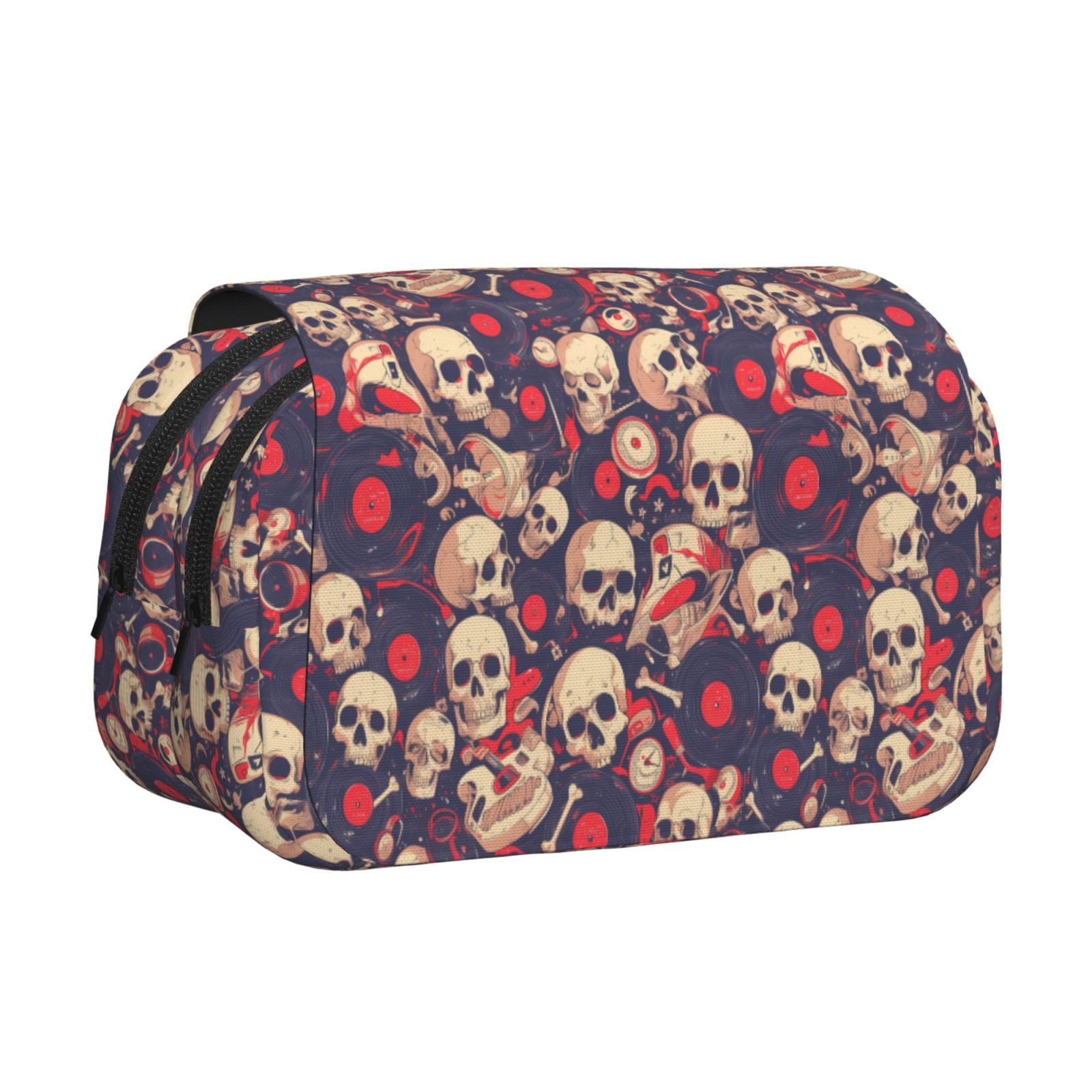 Rateoe Skull rock music record Pattern Double Clamshell Pen Case, Storage Organizer with Two Zipper Compartments– Holds Up to 50 Pencils & Pens