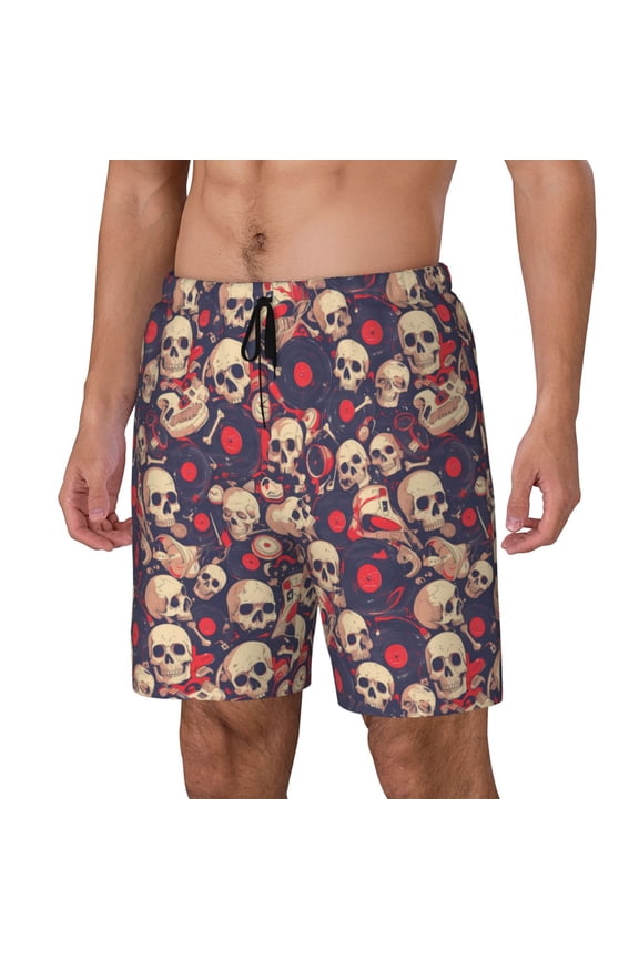 Skull rock music record Pattern Men’s Swim Shorts with Compression Liner – Double-Layered Quick-Dry Swimwear, Comfortable & Stretchy Beach Shorts-Large