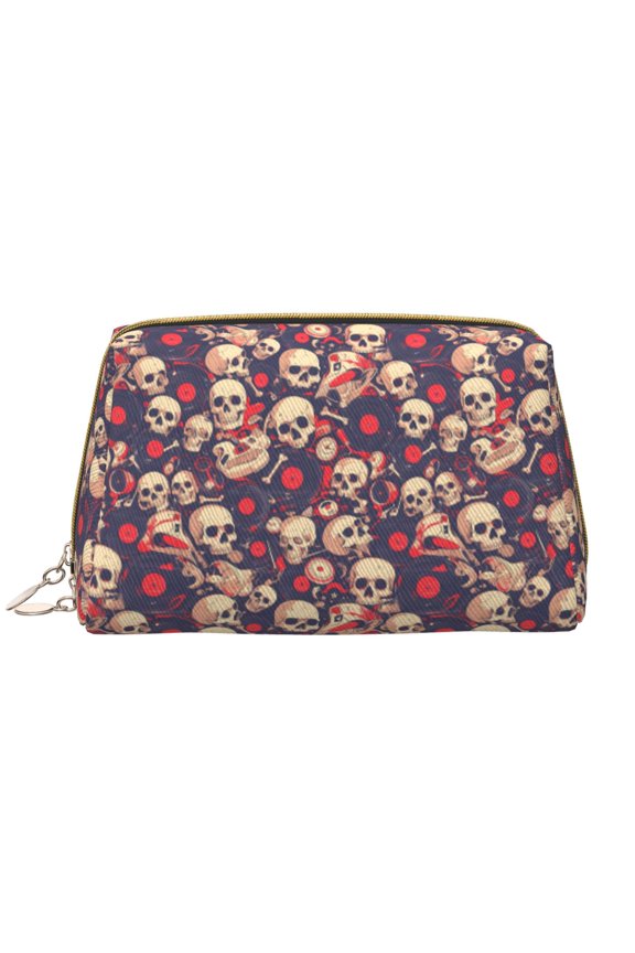 Skull rock music record for Travel Makeup Bag,Large Capacity Cosmetic Bags for Women,Waterproof Portable Pouch Open Flat Toiletry Bag Make up Organizer