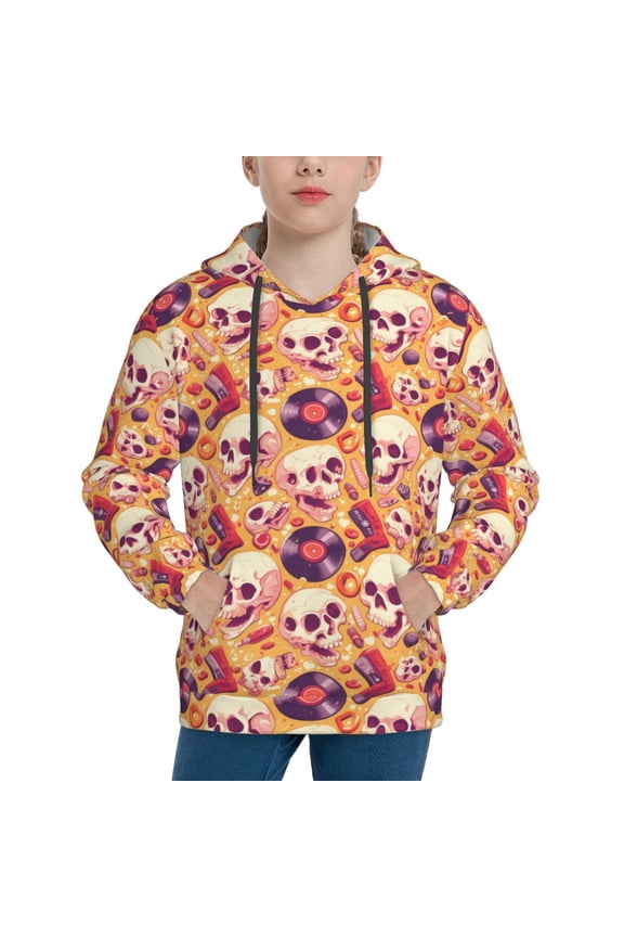 Skull rock record Pattern Boys Hoodie, Youth Pullover Hooded Sweatshirt, Kangaroo Pocket Hoodie for Kids-Large