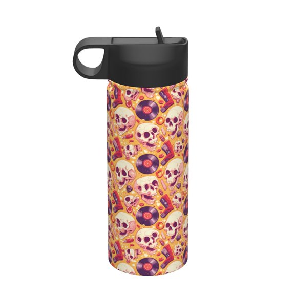 Rateoe Skull rock record Printed 18oz Sports Insulated Water Bottle, Double-Walled Stainless Steel Kettle with Leak-Proof Straw Lid, Portable & BPA-Free for Outdoor, Gym, Camping, and Travel