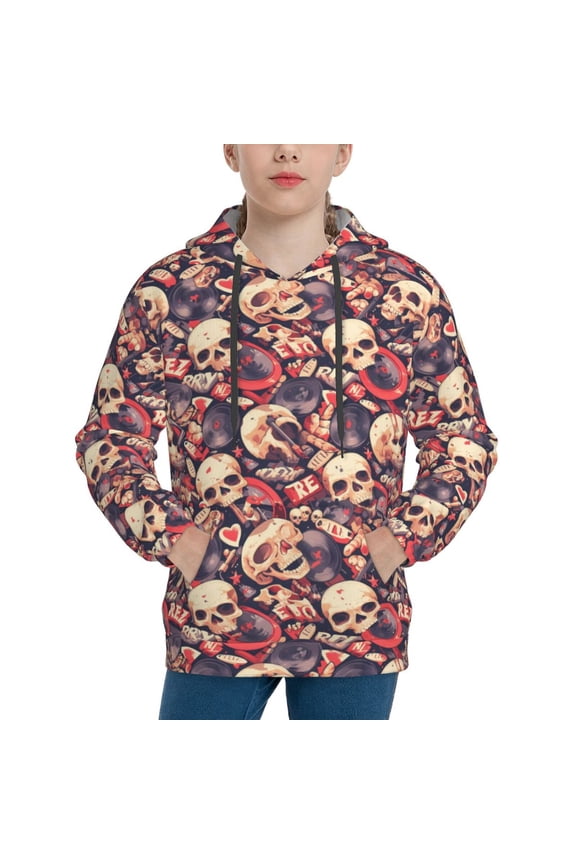 Skull rock record artist Pattern Boys Hoodie, Youth Pullover Hooded Sweatshirt, Kangaroo Pocket Hoodie for Kids-Large