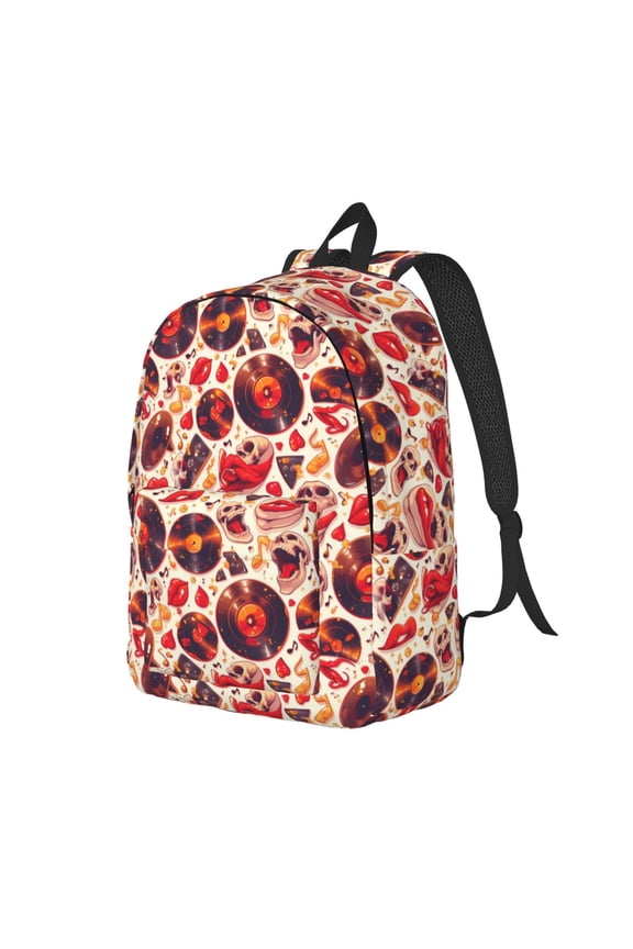Skull rock record music heart Pattern Durable Canvas Backpack for Men & Women – Stylish & Lightweight – Adjustable Straps, Multiple Pockets – Fits 15-17 Inch LaptopsMedium