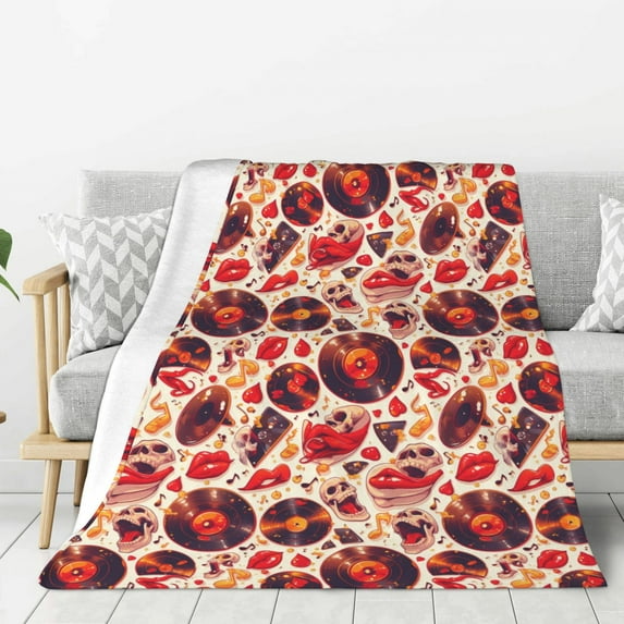 Rateoe Skull rock record music heart Pattern Flannel Throw Blanket, Ultra-soft Blanket for Bed, Couch, Car, Hypoallergenic Anti-pilling blanket-60"x50"(Vertical)