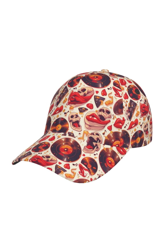 Skull rock record music heart Pattern Mens Baseball Cap  Adjustable Curved Brim Hat, Soft Cotton Sports Cap for Outdoor, Casual, and Everyday Wear, Comfortable & Breathable