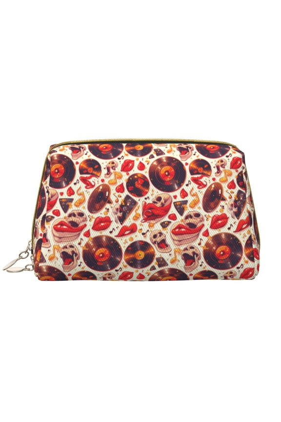 Skull rock record music heart for Travel Makeup Bag,Large Capacity Cosmetic Bags for Women,Waterproof Portable Pouch Open Flat Toiletry Bag Make up Organizer