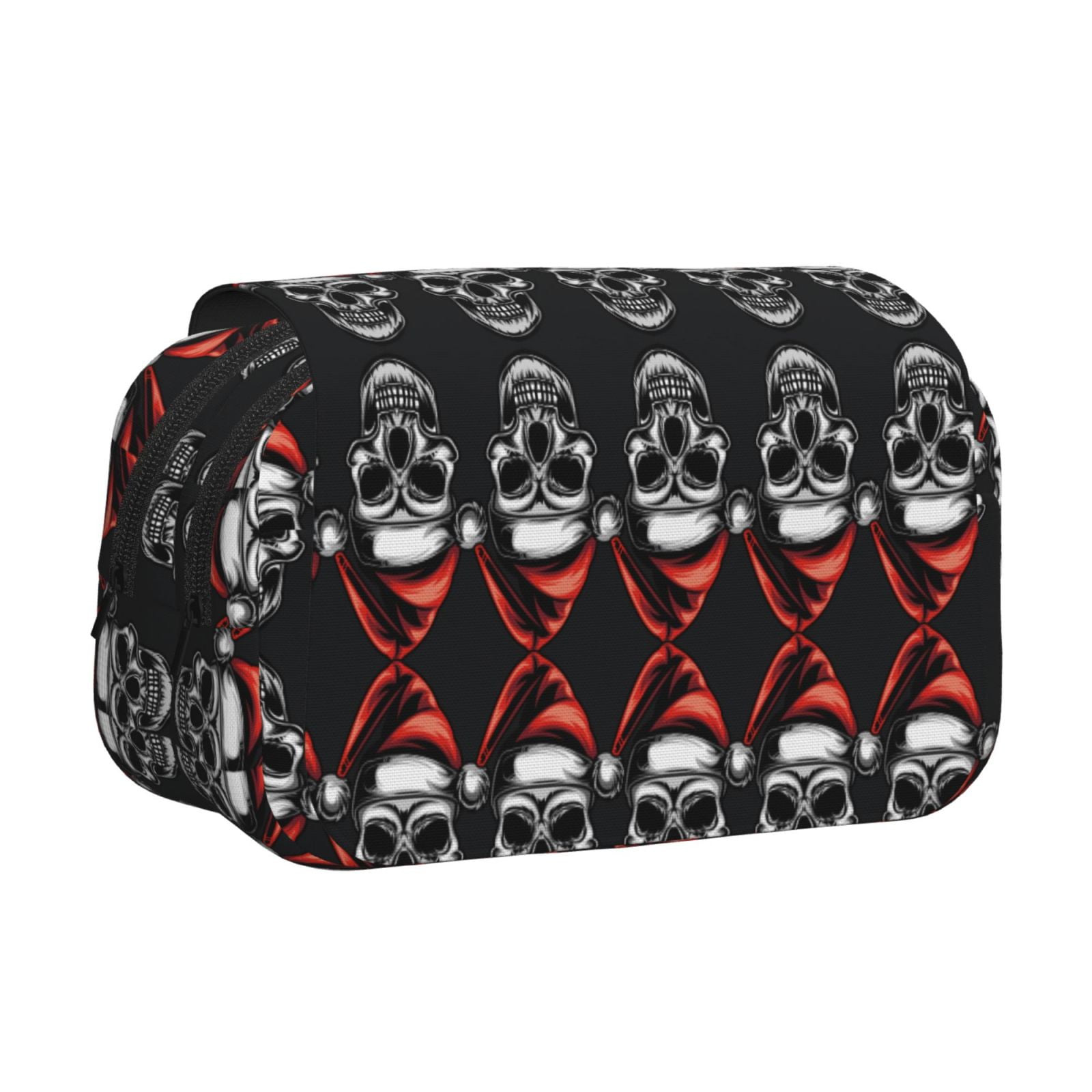 Rateoe Skull santa hat Pattern Double Clamshell Pen Case, Storage Organizer with Two Zipper Compartments– Holds Up to 50 Pencils & Pens