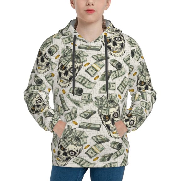 Rateoe Skull with Cash Pattern Boys Hoodie, Youth Pullover Hooded Sweatshirt, Kangaroo Pocket Hoodie for Kids-Large