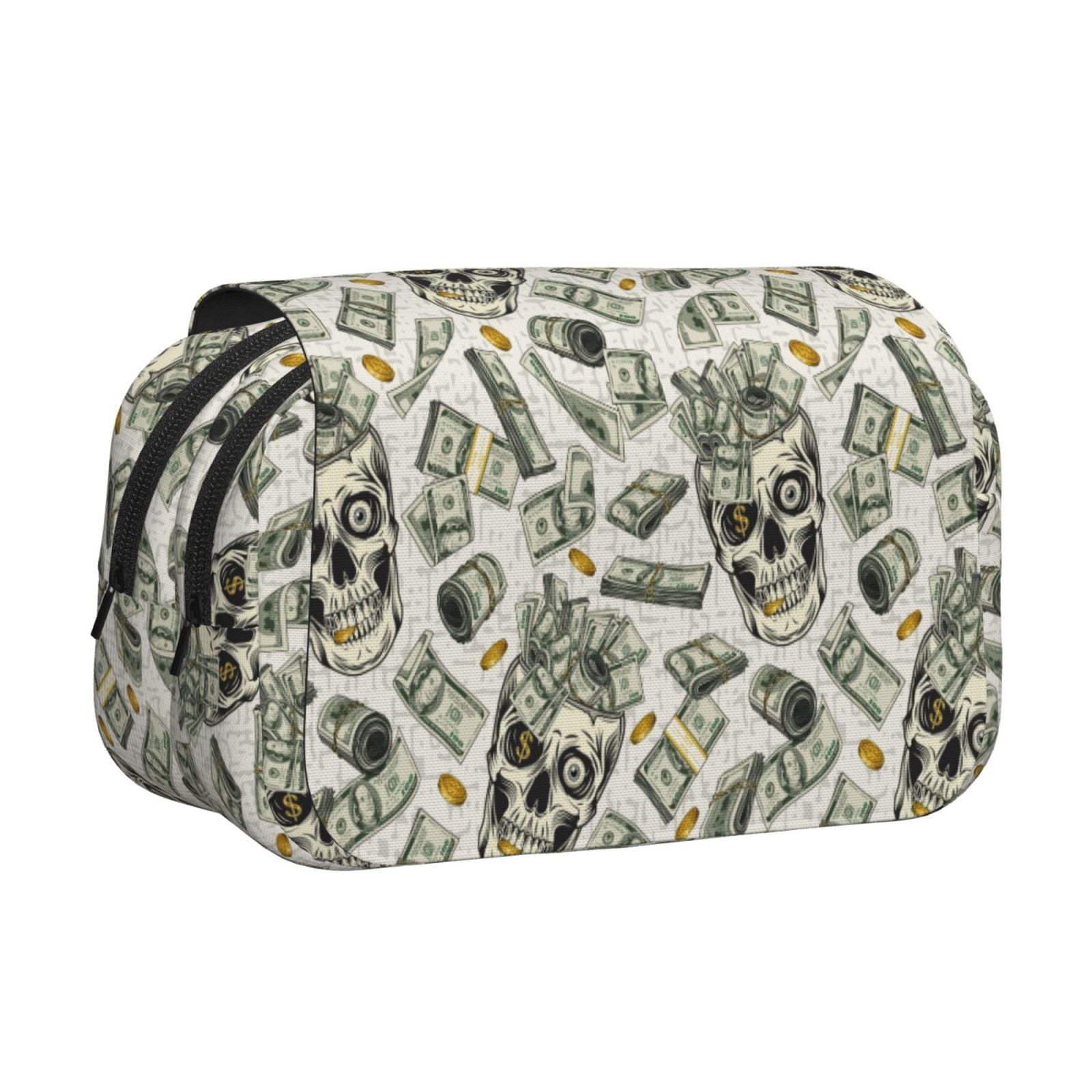 Rateoe Skull with Cash Pattern Double Clamshell Pen Case, Storage Organizer with Two Zipper Compartments– Holds Up to 50 Pencils & Pens