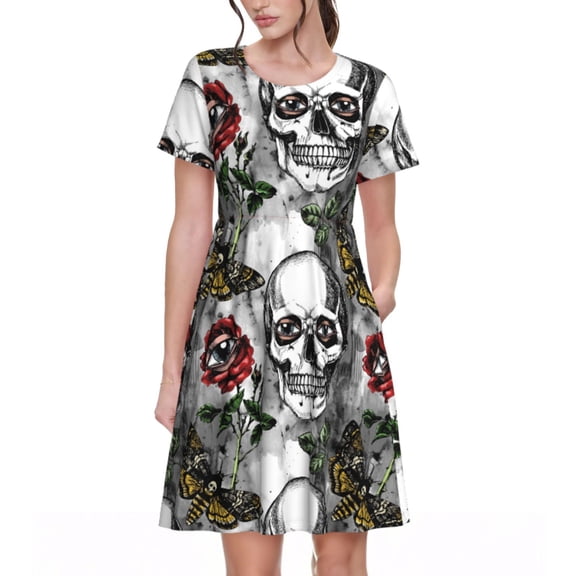 Rateoe Skulls Roses Pattern Women’s Short Sleeve Dress – Casual Elegant Summer A-Line Dress for Everyday Wear