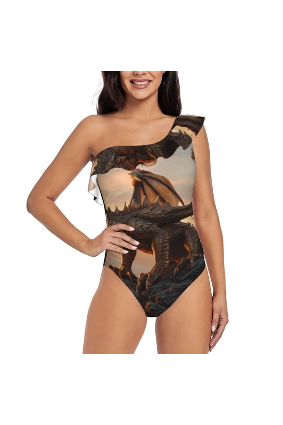 Sky Sunset Bronze Dragon Pattern Women One Piece Swimsuits Tummy Control One Shoulder Bathing Suits Ruffle Swimwear-