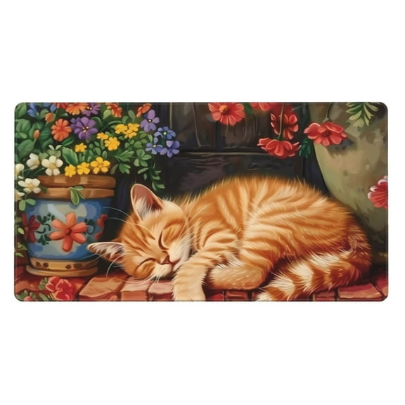 Rateoe Sleeping Cat Flowers Print Mouse Pad - Extended Large Gaming Mousepad,Non-Slip Stitched Edge,16x29.5 Inch