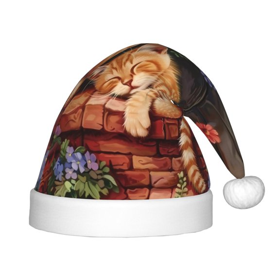 Rateoe Sleeping Cat Flowers Santa Hat Confortable Christmas Hat for Christmas Party Favors Fit for Kids