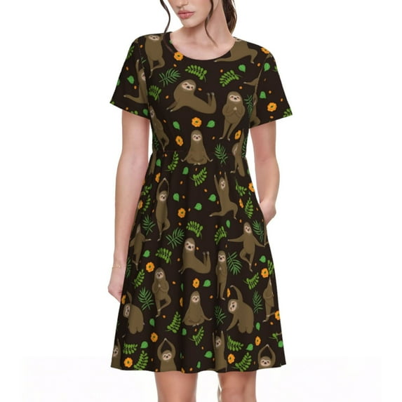 Rateoe Sloth Doing Yoga Pattern Women’s Short Sleeve Dress – Casual Elegant Summer A-Line Dress for Everyday Wear