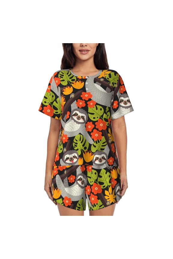 Sloth on the Branch Pattern Women's Short-Sleeved Pajama Set - 2 Piece Soft and Lightweight Sleepwear Set-Medium