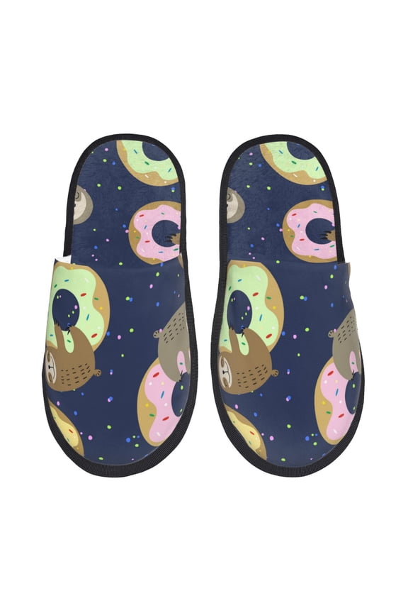 Sloth with Donuts Pattern Fuzzy Slippers Fuzzy Soft House Slippers Plush Furry Warm Cozy Open Toe Fluffy Home Shoes-Medium