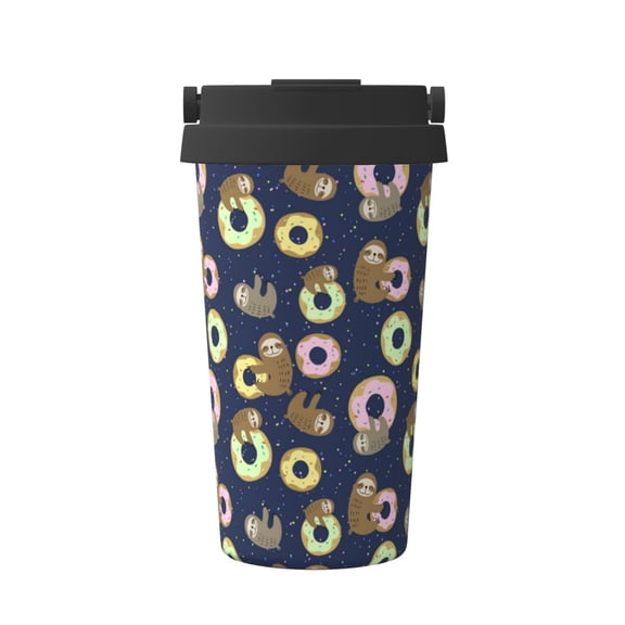 Rateoe Sloth with Donuts Pattern Travel Coffee Mug Tumbler with Flip Lid | Reusable Insulated Stainless Steel Cold Brew Iced Coffee Cup Thermos