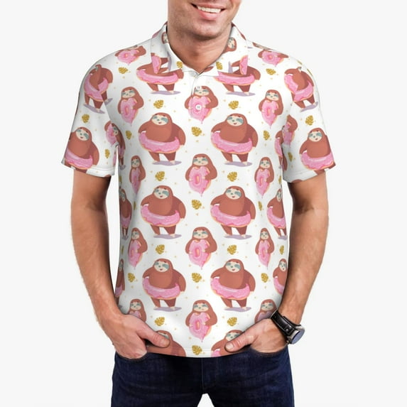 Rateoe Sloth with Donuts1 Pattern Men's Short Sleeve Polo Shirts, Golf Polo Shirts Short Sleeve Performance Moisture Wicking Dry-3X-Large